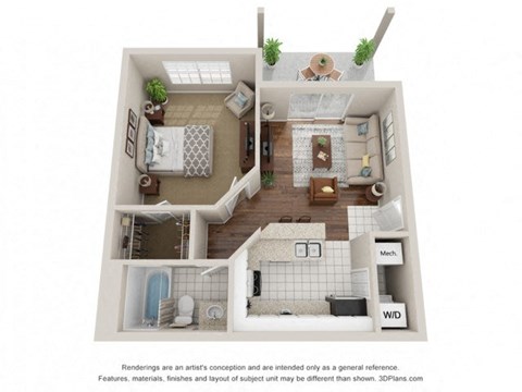 Floor plan for 1 bed, 1 bath, 574 sqft